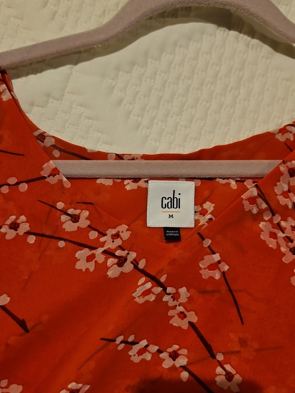 CAbi Orange-Red Floral V-Neck Short Sleeve Blouse - Picture 3 of 5